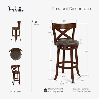 PHI VILLA Swivel Bar Stools Set of 6, 30 inch Bar Height Stools Faux Leather Barstools with Back, Wooden Kitchen Chairs