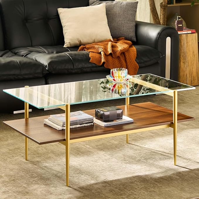 AGV LIGHTING Tadio Glass Coffee Table, Mid-Century Modern Coffee Table for Living Room, Gold Finish Leg, Clear Glass Top & Walnut Brown Wood Shelf, 41 in Length