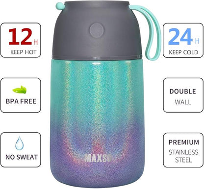 MAXSO 2 Pack Soup Thermo for Hot & Cold Food for Kids Adults, Vacuum Insulated Food Jar Thermal Lunch Containers, Travel Food Flask with Spoon (24 oz,17 oz) (Glitter Rainbow)