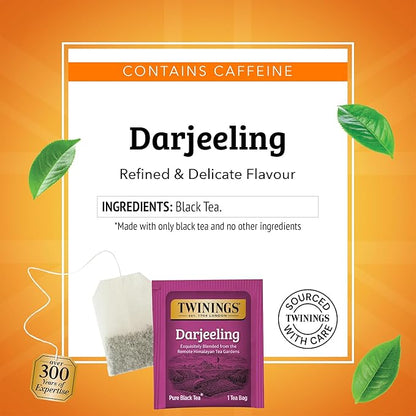 Twinings Darjeeling Black Tea Individually Wrapped Bags, 50 Count (Pack of 6), Delicate Light Taste, Caffeinated, Enjoy Hot or Iced, 300 Teabags