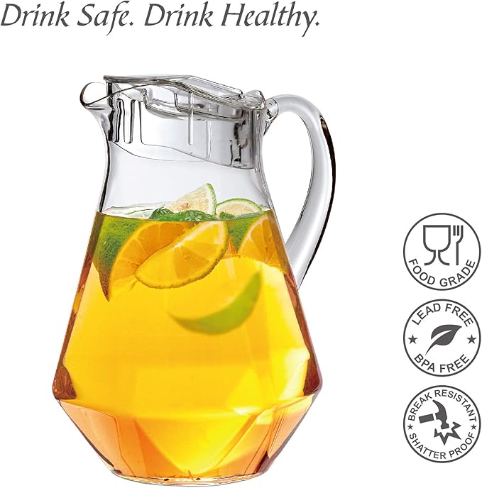Amazing Abby - Sparkly - Plastic Pitcher (64 oz, 2 Quart), Clear Water Pitcher with Lid, Fridge Jug, BPA-Free, Shatter-Proof, Great for Iced Tea, Sangria, Lemonade, Juice, Milk, and More