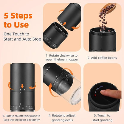 Irishom Coffee Bean Grinder with 38 Grinding Setting, Digital Power Display, 5-blades Ceramic Conical Burr, One Button Start and Auto Stop, Handheld Electric Espresso Grinding Machine