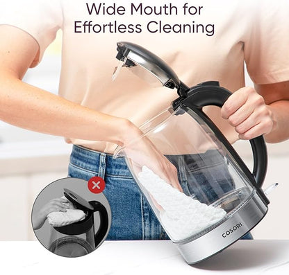 Cosori Electric Kettle, No Plastic Filter & Spout, 1.7L Tea Kettle & Hot Water Boiler For Coffee & Tea, Water Heater & Teapot, Automatic Shut Off, Borosilicate glass, Black, 1500W