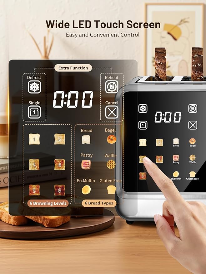 4 Slice Toaster with Touch Screen, Stainless Steel Smart Bread Toaster, 1.5" Wide Slots, 6 Shade Settings & 6 Bread Types for Bagels, Timer, Single Slice Toasting, Reheat, Defrost, 1800W