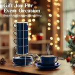 Load image into Gallery viewer, 5 Ounce Blue Porcelain Stackable Espresso Cups with Stainless Steel Holder, Set of 4, Durable Ceramic, Perfect for Home, Office or Gift