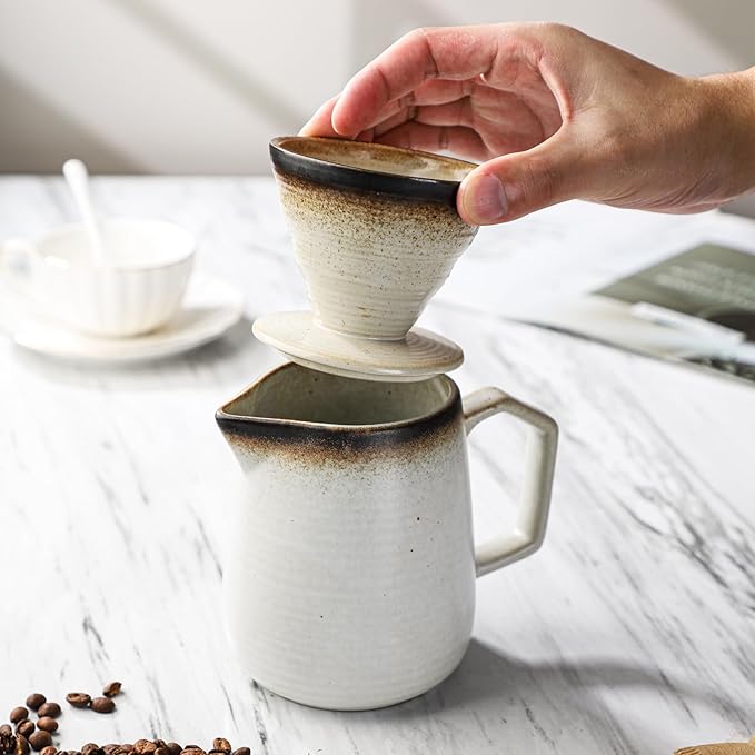 Pour Over Coffee Maker, Ceramic Coffee Dripper 20oz/620ml, with 50 pcs V60 Paper Filter, Drip Coffee Brewer, Vintage-Style (white, 1)