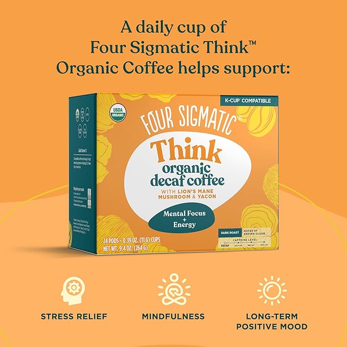 Four Sigmatic Decaf Mushroom Coffee K-Cups | Organic Dark Roast Coffee with Lion’s Mane & Yacon | Focus & Immune Support | Vegan & Keto | Sustainable Pods | 24 Count