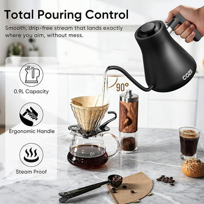 COZII Gooseneck Electric Kettle with ±1°F Temperature Control, 1200W Quick Heating for Pour Over Coffee & Tea, 0.9L Water Boiler with 24H Keep Warm & Auto Shut Off, Stainless Steel Interior, Black