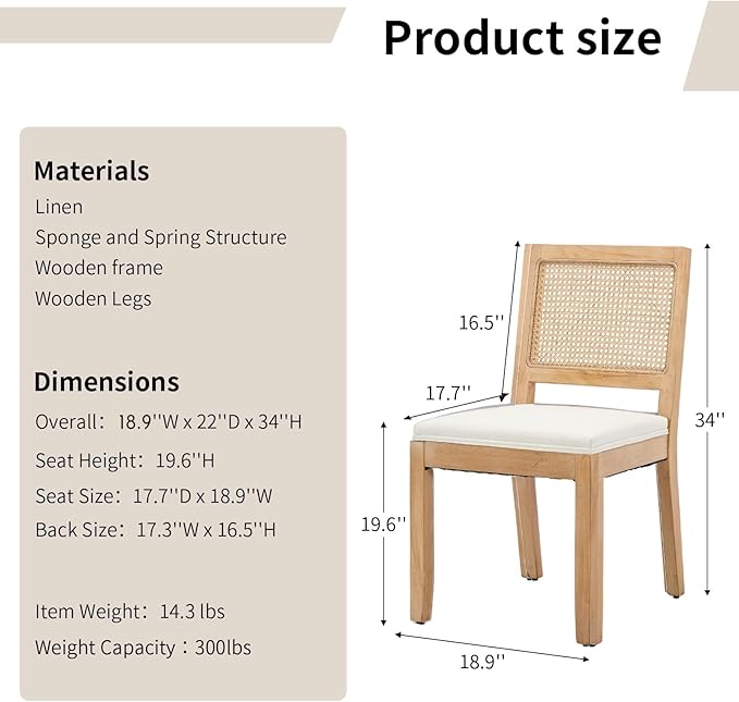 Vintage French Country Dining Chairs Set of 4, Rattan Dining Chairs with a Low Square Back, Beige 4 Dining Chair Set, Sillas para Comedor, Kitchen & Dining Room Chair (Beige, Rattan, 4Pcs)