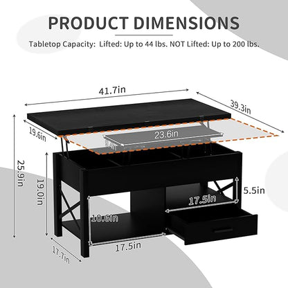 Lift Top Coffee Table with Storage, Black Lift Top Coffee Table with Drawers&Hidden Compartment, Multi-Functional Center Table, Convertible Coffee Tables into Dining Table for Home Living Room Office