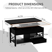 Lift Top Coffee Table with Storage, Black Lift Top Coffee Table with Drawers and Hidden Compartment, Multi-Functional Center Table, Lift Tabletop Dining Center Table for Home Living Room Office