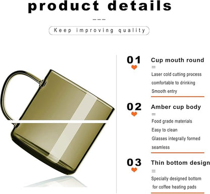 LUXU 4pcs Set Simple Glass Coffee Mugs-Hand Blown&Seamless Design,14 oz Amber Coffee Cups-Heat Resistant and Explosion-Proof,Lightweight Tea Mugs with Anti Scald Handle Ideal for Home,Cafe,Coffee Bar