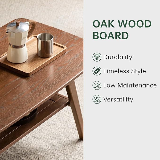 100% Solid Wood Coffee Table for Living Room, Mid Century Modern Small Tables with Shelf Storage, Storage Coffee Table with Rounded Corners (Oak Wood Walnut Color, 47.24" L)