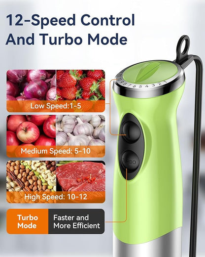 Immersion Blender Handheld 1000W 5 in 1 Corded Stick Hand Blender Kitchen with 12 Speed, BPA-Free, Mixing Beaker, Chopper, Whisk, Milk Frother, Perfect Emulsifier for Soup, Baby Food, Sauce, Puree