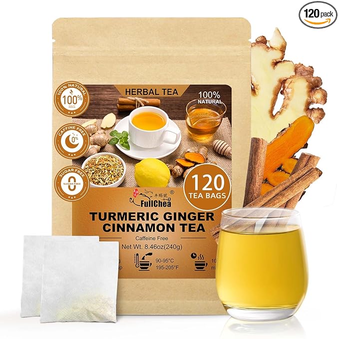 FullChea - Turmeric Ginger Cinnamon Tea Bags, 120 Teabags, 2g/bag - Premium Turmeric, Ginger, Cinnamon - Non-GMO - Caffeine-free - Aid Digestion & Boost Immunity