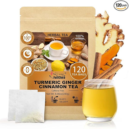 FullChea - Turmeric Ginger Cinnamon Tea Bags, 120 Teabags, 2g/bag - Premium Turmeric, Ginger, Cinnamon - Non-GMO - Caffeine-free - Aid Digestion & Boost Immunity