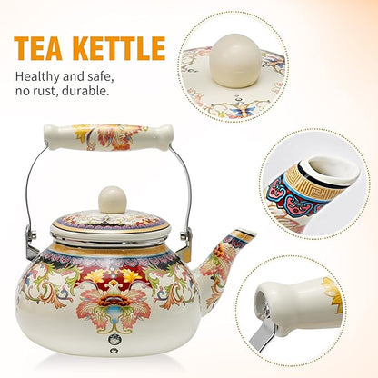 2.5L White Flowered Tea Kettle with Ceramic Handle, Floral Ceramic Enamel Teapot for Stovetop, No Whistle
