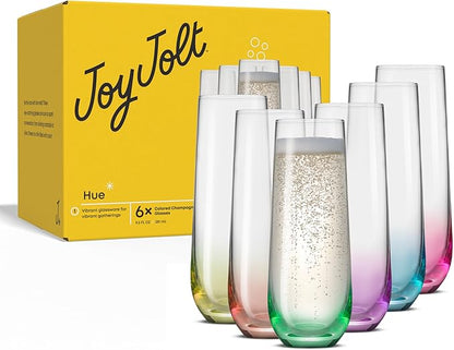 JoyJolt Hue Stemless Champagne Flutes Set of 6 Colored Glasses, 9.5oz Cocktail Glass Set for Mimosa, Stemless Champagne Glasses, Prosecco Wine Flute, Bar Glassware