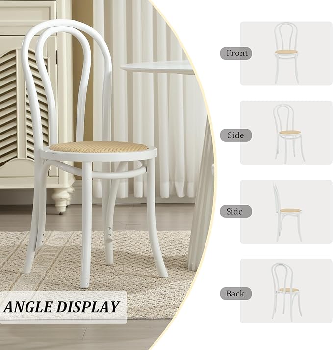 Kmax Vintage Dining Chairs Set of 6, Thonet Soild Wood Rattan Kitchen Chairs Armless French Country Dining Chairs for Wedding Hotel Dessert Shop Cafe, White