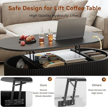 BREEZEHEAT Fluted Lift Top Coffee Table, 39" Black Modern Oval Coffee Table with Storage, Hidden Compartment & Fully Assembled Centre Table, Lift Tabletop for Living Room, Home Office, Small Space
