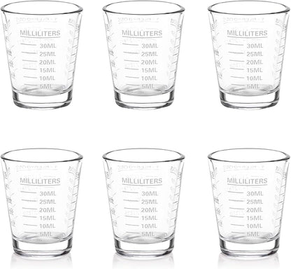 Shot Glasses Measuring Cup Set 6 Pack Espresso Shot Glasses Liquid Heavy Glass 26-Incremental Measurement 1 OZ, 2 TBS, 6 TSP, 30 ML Kitchen Tools(White)