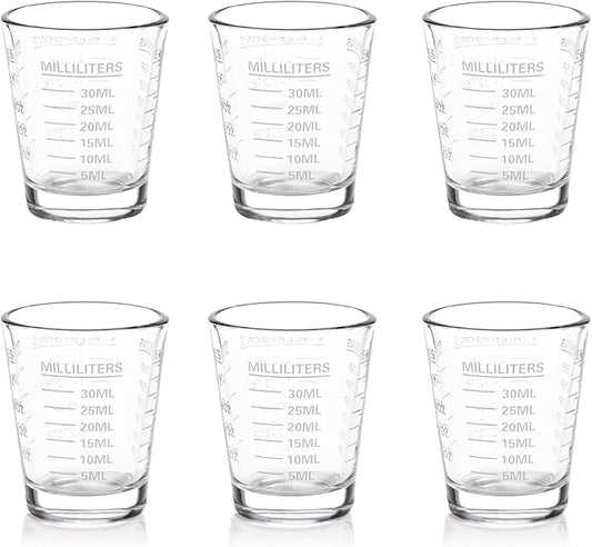 Shot Glasses Measuring Cup Set 6 Pack Espresso Shot Glasses Liquid Heavy Glass 26-Incremental Measurement 1 OZ, 2 TBS, 6 TSP, 30 ML Kitchen Tools(White)