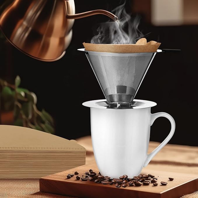 Pour Over Coffee Maker Set Stainless Steel Reusable Pour Over Coffee Dripper Paper Filters and Mug with 100 Pcs Disposable Natural Paper Filters for 1-2 Cup for Cafe Restaurant Home Office