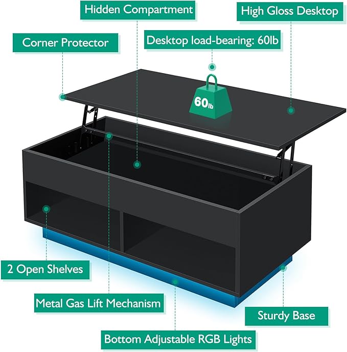 HOMMPA 40" Modern LED Coffee Table with Storage for Living Room, Lift Top Coffee Table with 2 Shelves, High Glossy Wooden Dining Table, Multifunctional Furniture for Bedroom Home Office, Black