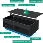 Load image into Gallery viewer, HOMMPA 40" Modern LED Coffee Table with Storage for Living Room, Lift Top Coffee Table with 2 Shelves, High Glossy Wooden Dining Table, Multifunctional Furniture for Bedroom Home Office, Black