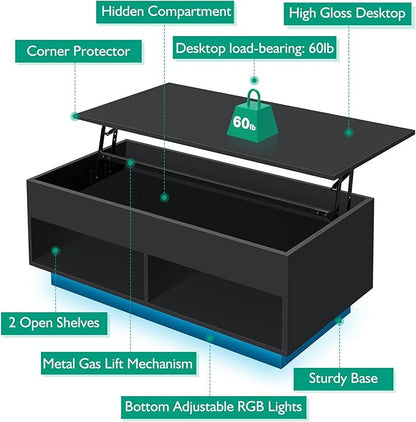 HOMMPA 40" Modern LED Coffee Table with Storage for Living Room, Lift Top Coffee Table with 2 Shelves, High Glossy Wooden Dining Table, Multifunctional Furniture for Bedroom Home Office, Black