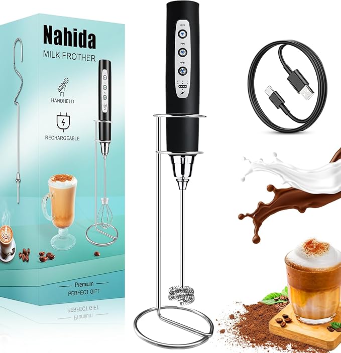 Nahida Milk Frother Wand for Coffee Frother Handheld with Stand Drink Mixer with 3 Heads 3 Speeds Electric Whisk Foam Maker For Latte, Cappuccino, Hot Chocolate - Black