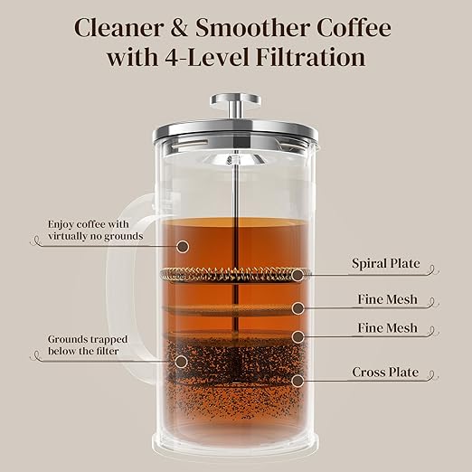 Veken French Press Coffee Maker 34oz 1 L, Heat Resistant Thickened Borosilicate Glass, No Plastic Touching Cafe, Stainless Steel Brewer, Cold Brew Cafetera Teapot for Kitchen Travel Camping, Silver
