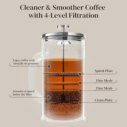 Veken French Press Coffee Maker 34oz 1 L, Heat Resistant Thickened Borosilicate Glass, No Plastic Touching Cafe, Stainless Steel Brewer, Cold Brew Cafetera Teapot for Kitchen Travel Camping, Silver