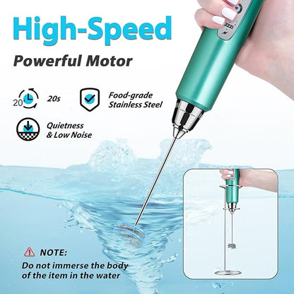 Milk Frother with Stand-Rechargeable Handheld Coffee Frother with 3 Stainless Whisks 3 Speed Adjustable, Electric Whisk Drink Mixer, Foam Maker Blender for Matcha Latte Cappuccino Chocolate