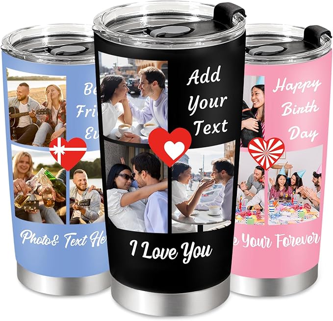Personalized Tumbler with Pictures Text, Custom Photo Stainless Steel Coffee Tumbler, Coffee Travel Mug Cup 20 Oz Custom Gifts for Fathers Day Christmas Birthday for Dad Mom Kids