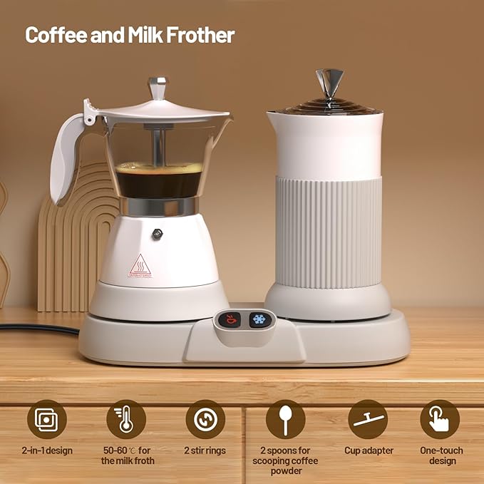 Electric Espresso Machine with Milk Frother 2 in 1 Efficient Moka Pot Coffee Maker with Milkfroth Aluminum One-Touch Operation for Effortless Cappuccinos Lattes Macchiatos White