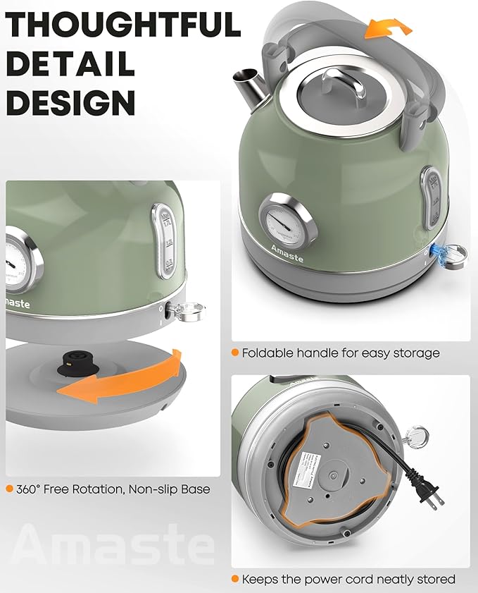 Amaste Electric Kettle, Retro Electric Tea Kettle with Thermometer, 57 Oz Hot Water Kettle for Coffee & Tea, 304 Stainless Steel, 1500W Fast Boiling, Auto Shut-Off & Boil Dry Protection, Matcha Green