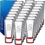 Load image into Gallery viewer, Personalized Shot Glasses Set of 25 Red Bottom Custom 2 oz Cordial Shot Glass Initial and Name for Gifts, Weddings, Birthdays, Party, Event, Decorations