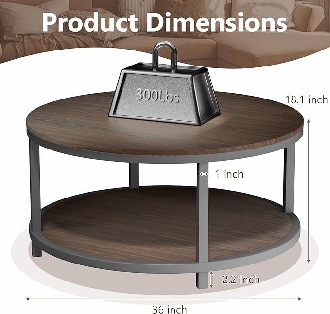 NSdirect 36 inches Round Coffee Table, Rustic Wooden Surface Top & Sturdy Metal Legs Industrial Sofa Table for Living Room Modern Design Home Furniture with Storage Open Shelf (Black Walnut, 36 in)