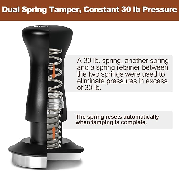 MEION Espresso Tamper 49mm Coffee Tamper, Calibrated Dual Spring Loaded Barista Tamper with Stainless Steel Base, Comes with aluminum storage pad (49MM, Black)