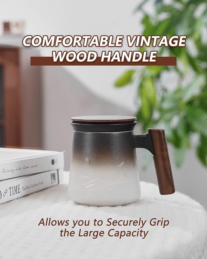 ZENS Tea Mug with Infuser and Lid for Loose Leaf Tea Steeper, 14.5 oz Embossed Ceramic Tea Cup with Fine Strainers and Wood Handle, Diffusers Accessories for Tea Lovers Gifts