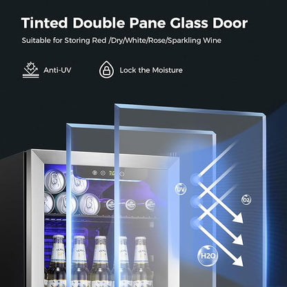 Kismile 3.2 Cu.ft Beverage Refrigerator and Cooler,130 Can Mini Fridge Glass Door,Digital Temperature Display for Soda, Beer or Wine, Small Drink Dispenser Cooler for Home, Office or Bar(Silver)