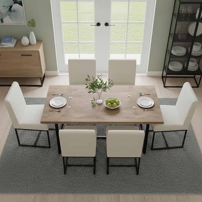 CIMOTA Modern Linen Dining Chair Set of 2, Mid Century Dining Room Chairs Fabric Upholstered Armless Side Chair with Black Sled Base for Dining Room, White Cream 2PCS