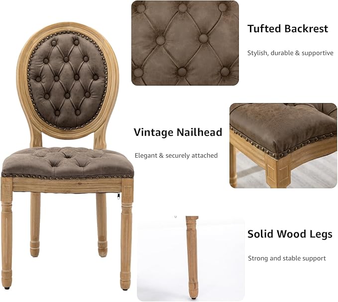 French Country Dining Chairs Set of 8, Brown Upholstered Dining Chairs, PU Leather Tufted Back, Solid Wood Legs, Farmhouse Kitchen & Dining Room Chairs, Sillas De Comedor (Brown, 8Pcs)
