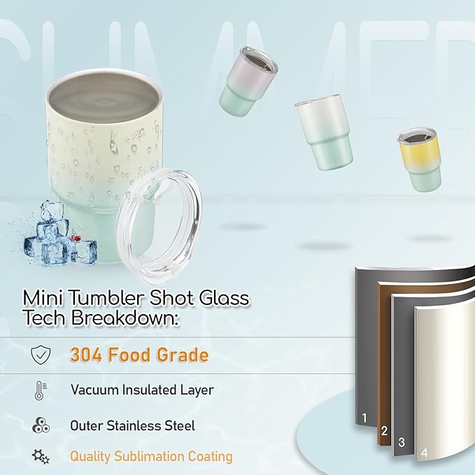 12 Pack 3 oz Sublimation Mini Tumbler Shot Glass with Straw and Lid, Gradient Color Insulated Stainless Steel Mini Tumblers Cups for Beach Birthday Wedding Parties, DIY Customizable Party Gift