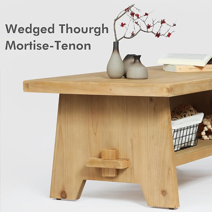 Farmhouse Wood Coffee Table - 43.4” Mid Century Modern Wooden Coffee Tables for Living Room, Solid Firwood Tabletop Rectangle Coffee Table, Center Table for Living Room, Natural Wood Color