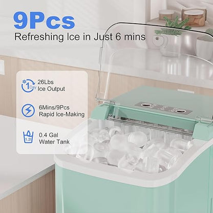 SMUG Ice Makers Countertop with Handle, Portable Ice Machine, 9 Bullet Ice Cubes in 6 Mins, 26lbs in 24Hrs, Auto-Cleaning, with Basket and Scoop, for Home, Kitchen, RV, Camping,Light Green with Handle