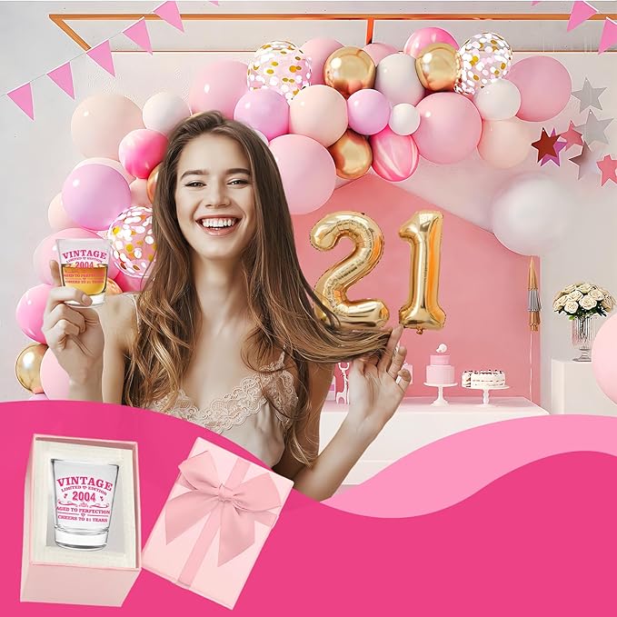 Funny 21st Birthday Shot Glass for Her – Pink 2 oz Glass with Gift Box – Unique Gift for Women,Female, Friends, or Sister - Cheers to 21 Years – 2004 Pink Printed
