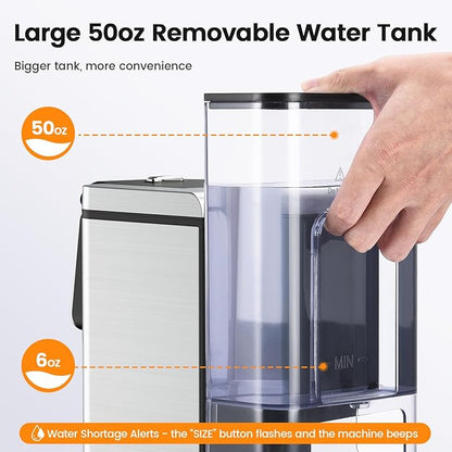 Single Serve Coffee Maker for K-Cup Pod and Grounds, Hot and Iced Coffee Maker, Strong Button Feature, 6 to 14oz Brew Sizes, 50oz Removable Reservoir, Up to 6.5 Inch Cup, Stainless Steel, Black