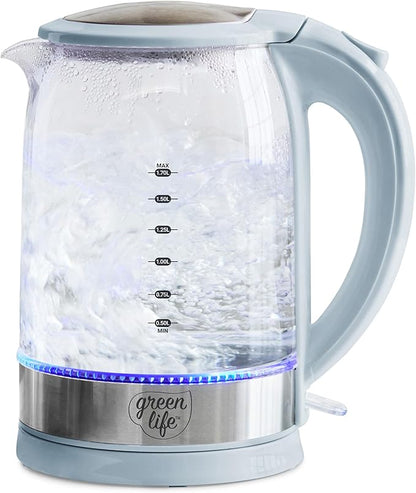 GreenLife 1.7 Liter Glass Electric Kettle, Easy One Touch Use, Quick Heating, Filtered Spout, LED Base, Auto Shut-Off, Cordless Serving, Coffee and Tea, Blue Haze